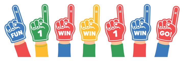 Obraz premium Colorful Foam Finger Hand Illustration, Showing Number One Fan Gesture and Sports Cheering Symbol, Fun Victory Celebration Artwork