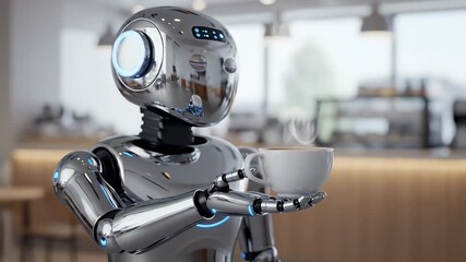 Futuristic robot barista serving coffee in a modern cafe setting. - Powered by Adobe