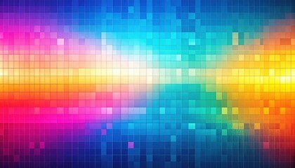 Obraz premium Horizontal abstract background with fine pixel grid gradient blending blue, cyan, yellow, pink and orange tones, smooth digital texture creating modern bright banner with wide copy space for text.