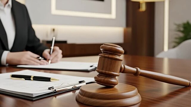 A lawyer taking notes at a desk with a gavel for a video about law and justice