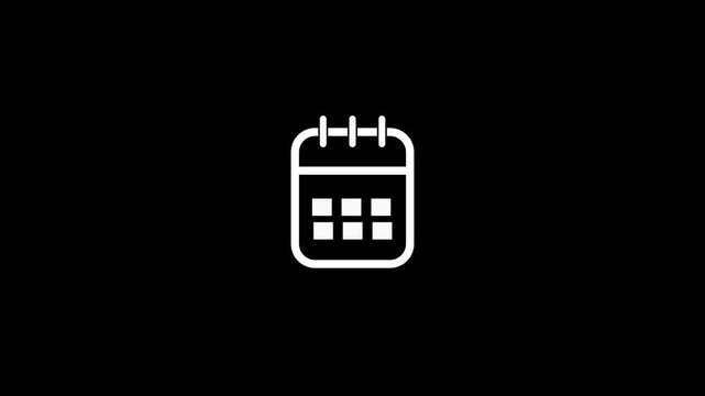White calendar icon with grid of squares on a black background date schedule