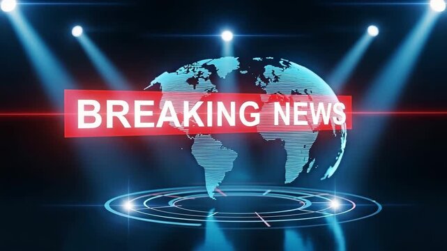 A breaking news video graphic with a globe and spotlight for a serious journalism theme