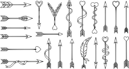 Hand-drawn Black and White Line Art Decorative Arrows Set. Outline Cupid Love Arrows Collection for Valentine's Day, Wedding, Romantic Designs, and Boho Styled Elements