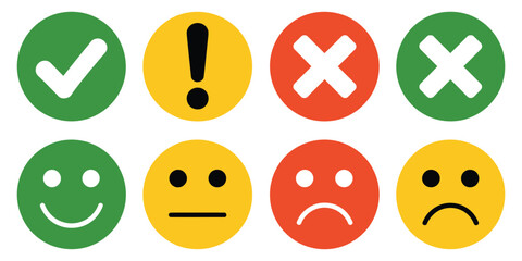 Colorful Round Icon Set, Including Green Check Marks, Red Crosses, Yellow Alert Symbols, and Feedback Emoticons, Flat Button Style