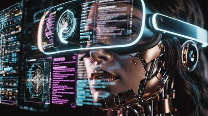Futuristic Woman Immersed in Virtual Reality with Digital Data Overlays. - Powered by Adobe