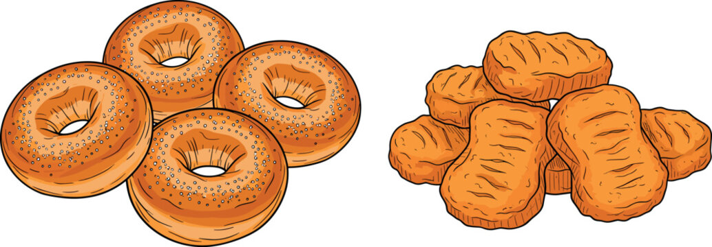 Set of fresh seeded bagels and crispy golden grilled chicken nuggets vector illustration isolated on white background for cafe.