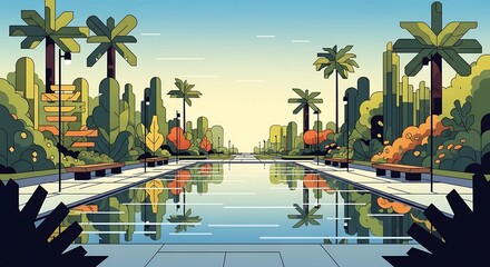 Serene urban park illustration featuring vibrant greenery and reflection