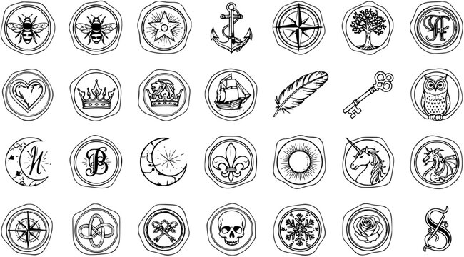 Vintage Wax Seal Stamps Collection with Diverse Symbols. Hand-Drawn Black Line Art Vector Icons for Decorative Design Elements.