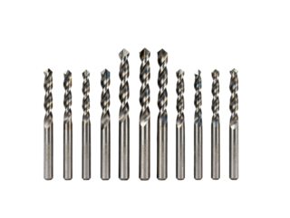 Set of metallic drill bits arranged in a row, varying in size and design