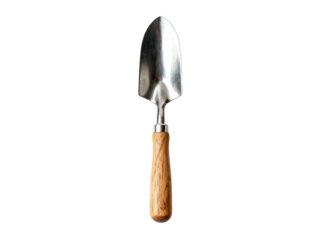 A gardening trowel with a wooden handle and metal blade isolated on white background