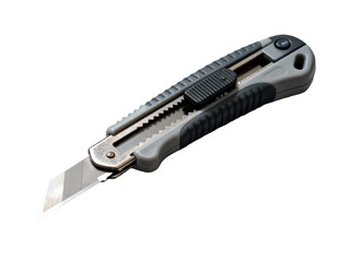 A retractable utility knife with a black and gray handle and a sharp metal blade, isolated on a white background.