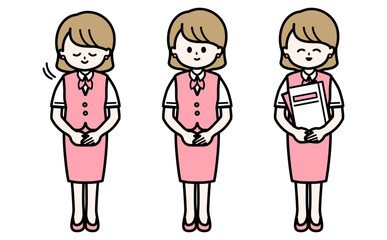 案内をする優しい女性のイラスト 受付や事務の丁寧なお辞儀ポーズのベクター素材の挿絵セット