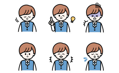 ビジネス女性のショートヘアーの表情セットイラスト 接客や説明資料の挿絵の感情バリエーション フラットデザインのベクター素材