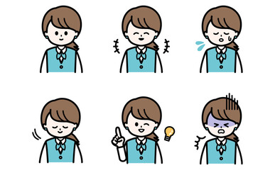 ビジネス女性の表情セットイラスト 接客や説明資料の挿絵の感情バリエーション フラットデザインのベクター素材