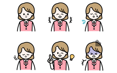 ビジネス女性の表情セットイラスト 接客や説明や資料の挿絵に使える感情バリエーション フラットデザインのベクター素材