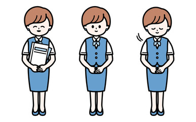 案内をするショートヘアーの女性のイラスト 受付や事務の丁寧なお辞儀ポーズのベクター素材の挿絵セット