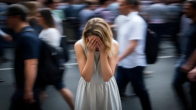 Anxious woman overwhelmed in a crowded environment. Fighting depression.