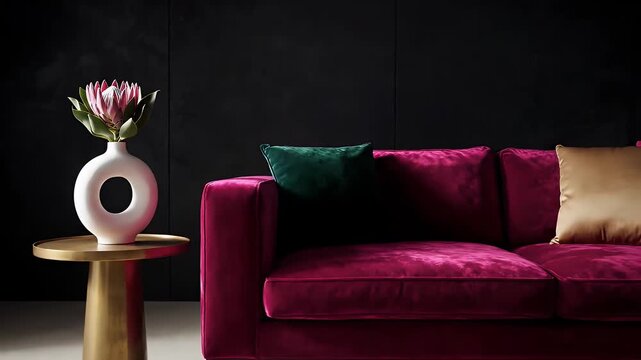 Luxurious Magenta Velvet Sofa with Exotic Flower and Modern Side Table.