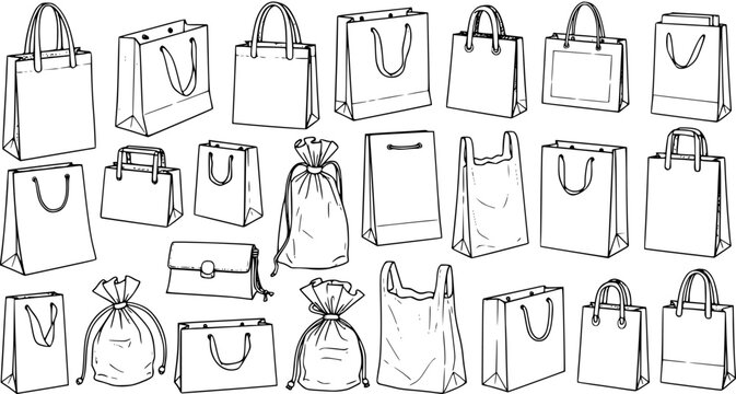 Black and White Line Art Vector Set of Retail Shopping Bags, Gift Pouches, and Reusable Totes. Hand-drawn Illustration for E-commerce, Packaging, and Fashion Design.