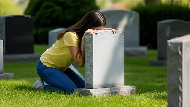 A grieving woman kneels at a headstone in a cemetery, expressing her sadness 