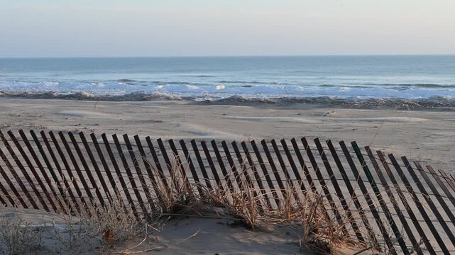 Snow fence along a Lake Michigan beach to slow the wind and drop the blowing sands.  Ice is piling up along the coast in this winter scene.  Point Beach State Forest, Wisconsin.
