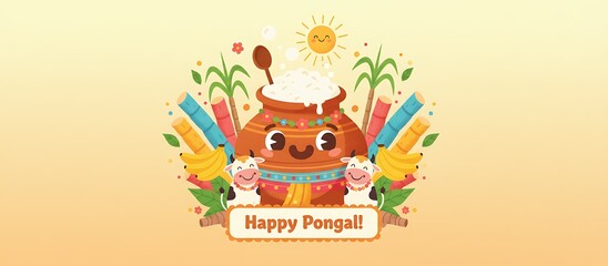 Fototapeta premium Cute Pongal greeting illustration with smiling clay pot