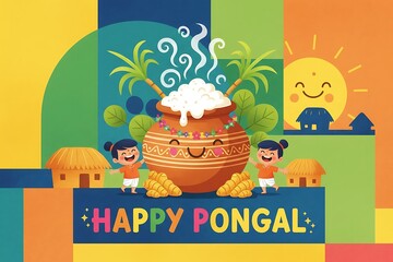 Cute Pongal greeting illustration with smiling clay pot