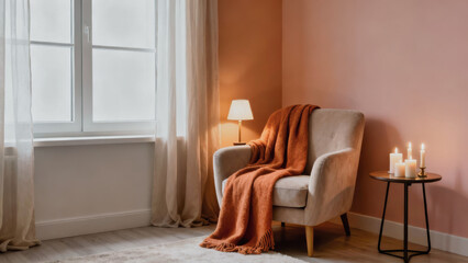 Cozy living room corner with blanket and soft light of candles