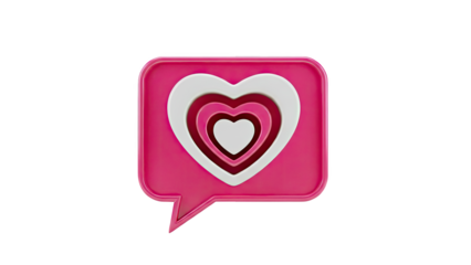 3D Pink speech bubble with concentric hearts icon on transparent background