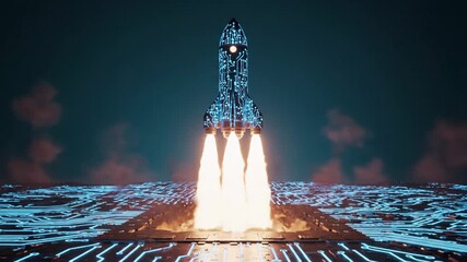 Futuristic Rocket Launching from Digital Circuit Board with Fiery Explosion. - Powered by Adobe