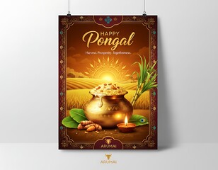 Happy Pongal greeting card featuring a traditional clay Pongal pot boiling over with milk, decorated with turmeric leaves and sugarcane.