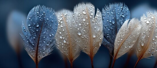 Close-up of wet feathers with water droplets; blue and white tones