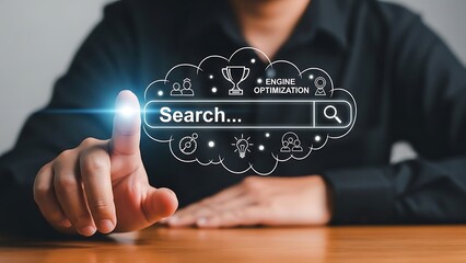 Professional's hand touching a glowing search bar, symbolizing digital marketing strategy, online presence, and search engine optimization for business success and data analysis