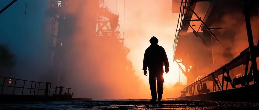 A dashing male employee is silhouetted against a blast furnace.