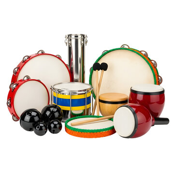 A collection of musical percussion instruments, including various drums, tambourines, and other accessories Isolated on White background