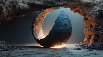 Stone egg with a crack, glows from within, encased in rock formation