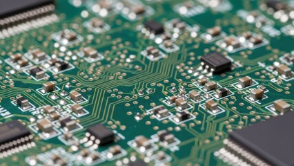 Close up of a green circuit board with integrated electronic components