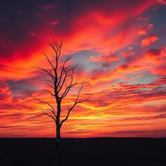 A lone birch tree stands starkly against a vibrant sunset, a solitary figure in a painted sky,  color,  dramatic
