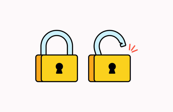 Flat cartoon illustration showing locked and unlocked padlock icons side by side. Clean vector design ideal for security, privacy, access control, password protection, and data safety concepts.