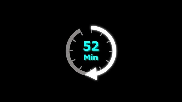 52 Min clock icon animation. 52 minute animation on black background and creating a stunning 4k video.
