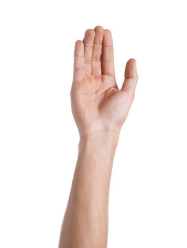 Man showing his hand on white background, closeup