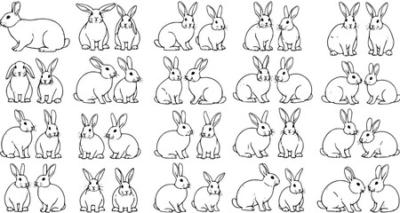 Extensive Collection of Black and White Line Art Rabbits and Bunnies in Diverse Poses, Ideal for Nature, Wildlife, and Pet-Themed Illustrations and Designs