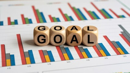 Wooden alphabet blocks spelling out the word goal sit centered atop a printed business performance bar chart for analysis