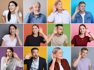 Fototapeta premium Hearing health. People holding hands near ears on colorful backgrounds, set