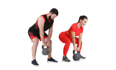 Obraz premium Man and woman exercising with kettlebell. Collage on white background