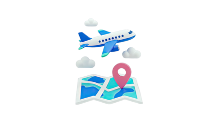 3D Airplane Flying Over Map with Location Pin and Clouds