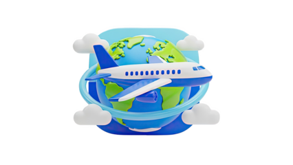 3D Airplane flying around stylized Earth with clouds