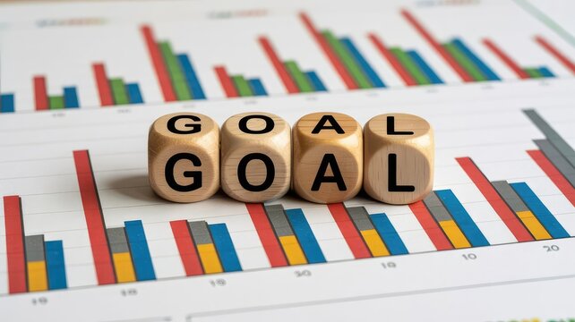 Wooden alphabet blocks spelling out the word goal sit centered atop a printed business performance bar chart for analysis - Powered by Adobe