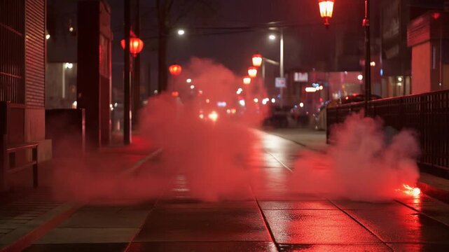 The Red Firecracker Smoke. Chinese New Year. A damp city sidewalk where a thick, low cloud of lingering red firecracker smoke is swirling, illuminated from above by streetlights and distant lanterns.
