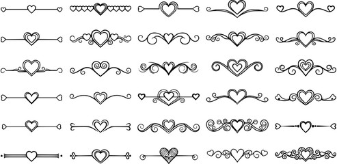 Fototapeta premium Hand-drawn Black White Line Art Heart Dividers and Borders Collection for Love, Romance, Wedding, Valentine's Day, and Decorative Design Elements